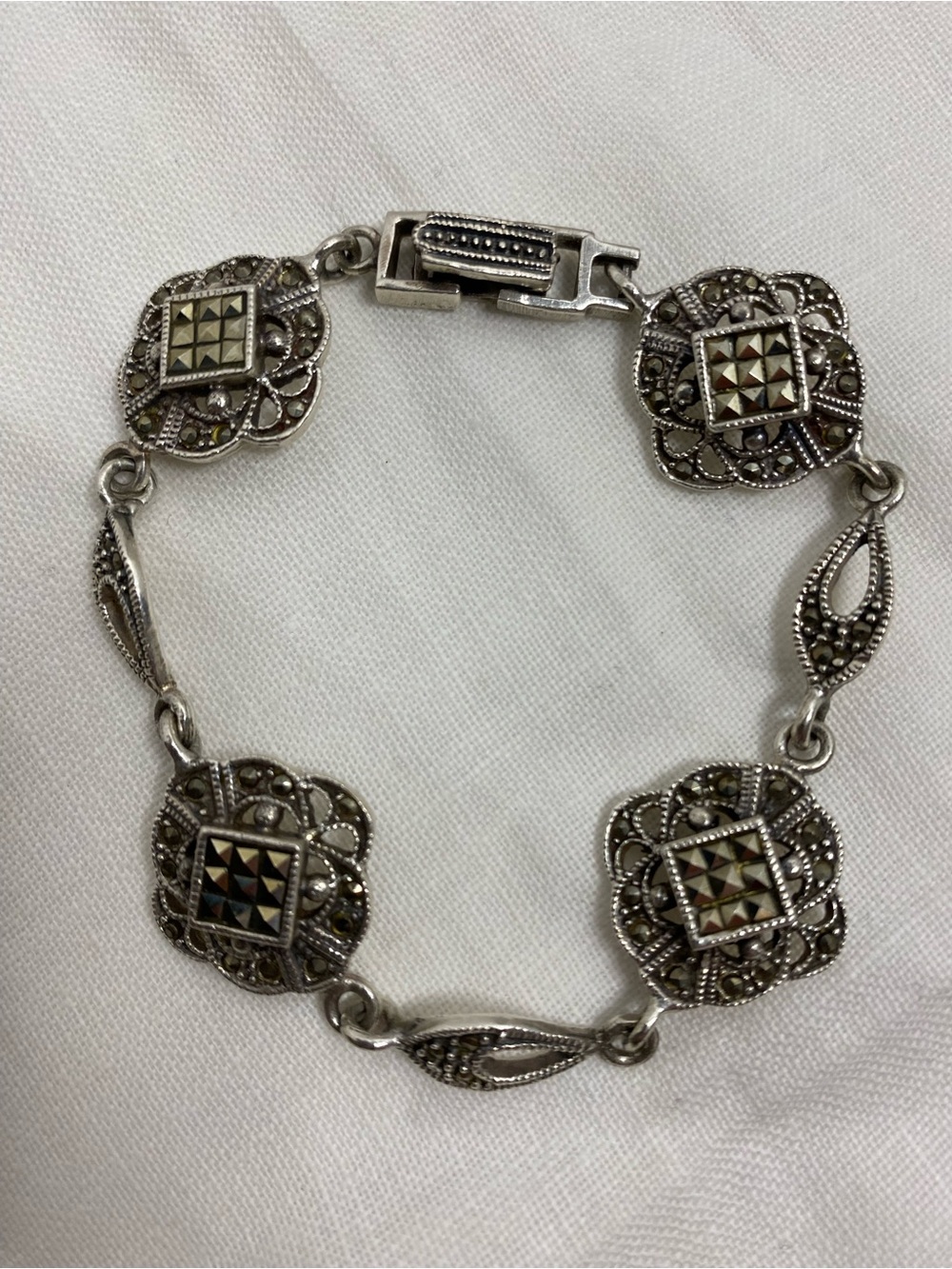 Vintage 925 Sterling Silver Marcasite Link Bracelet Geometric Panel Art Deco